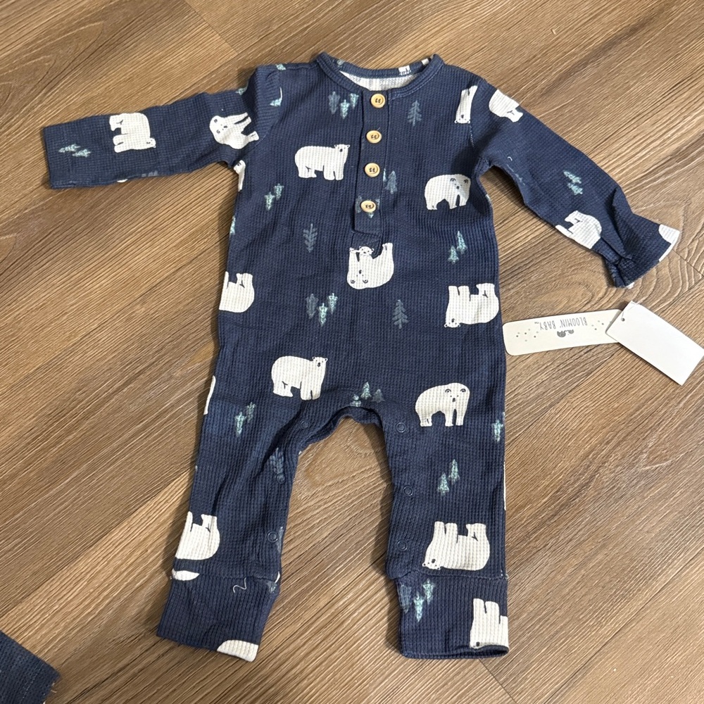 NWT BLOOMIN BABY waffle knit cotton navy polar bear print romper
